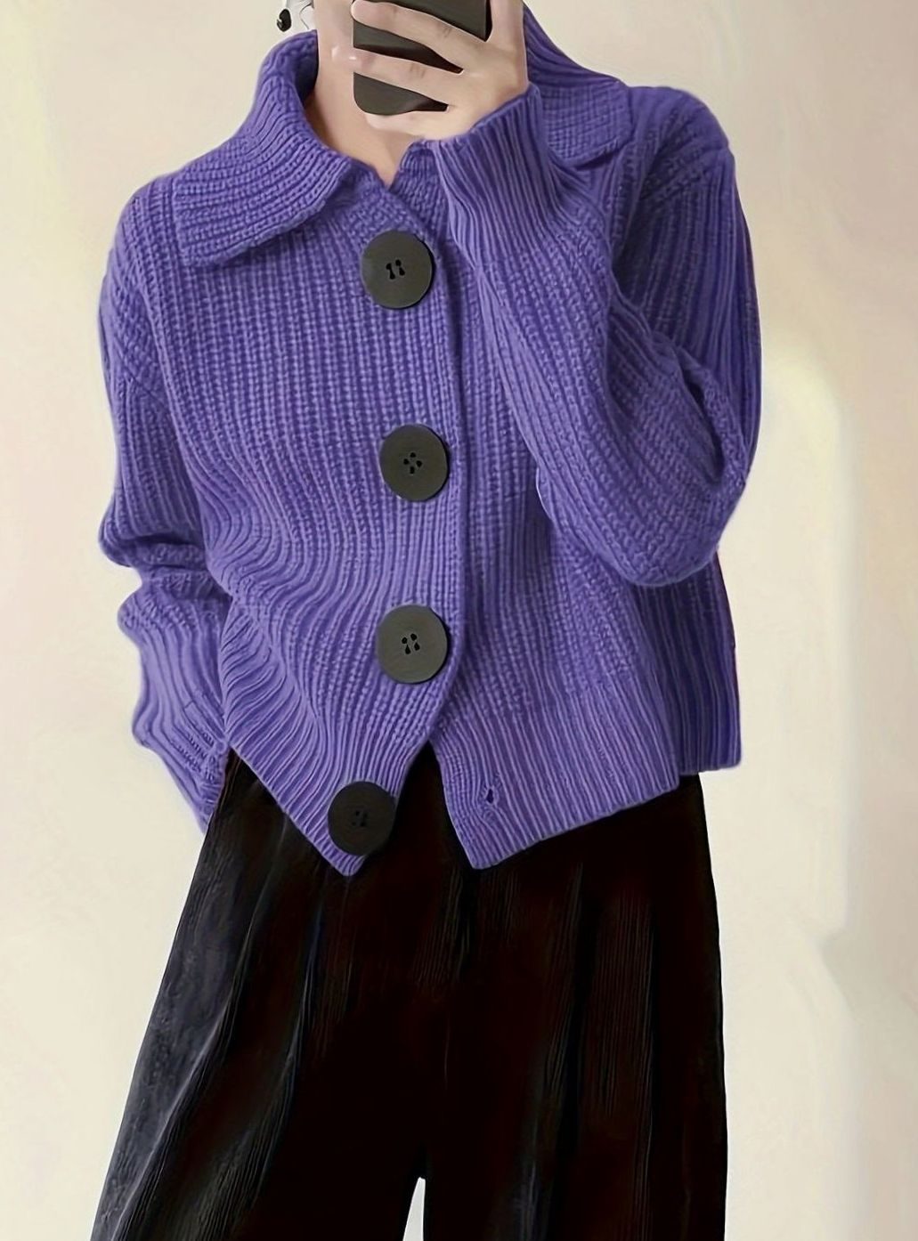 Women's Relaxed-Fit Ribbed Knit Sweater Folded Collar Pullover - Purple