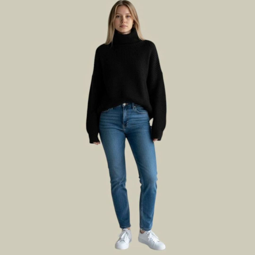 Women's Relaxed-Fit Ribbed Turtleneck Sweater - Black