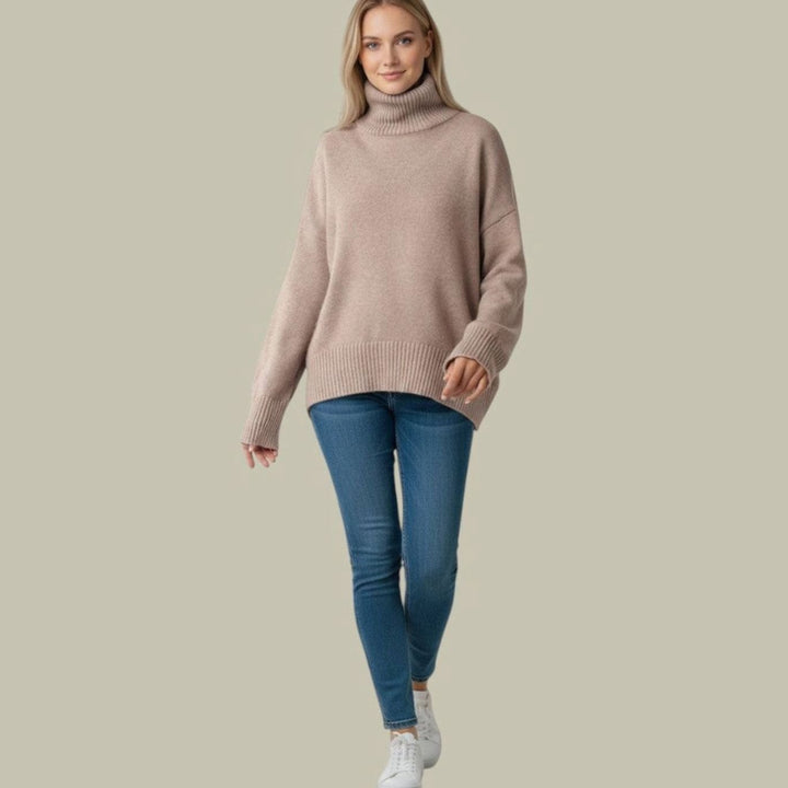 Women's Relaxed-Fit Ribbed Turtleneck Sweater - Beige