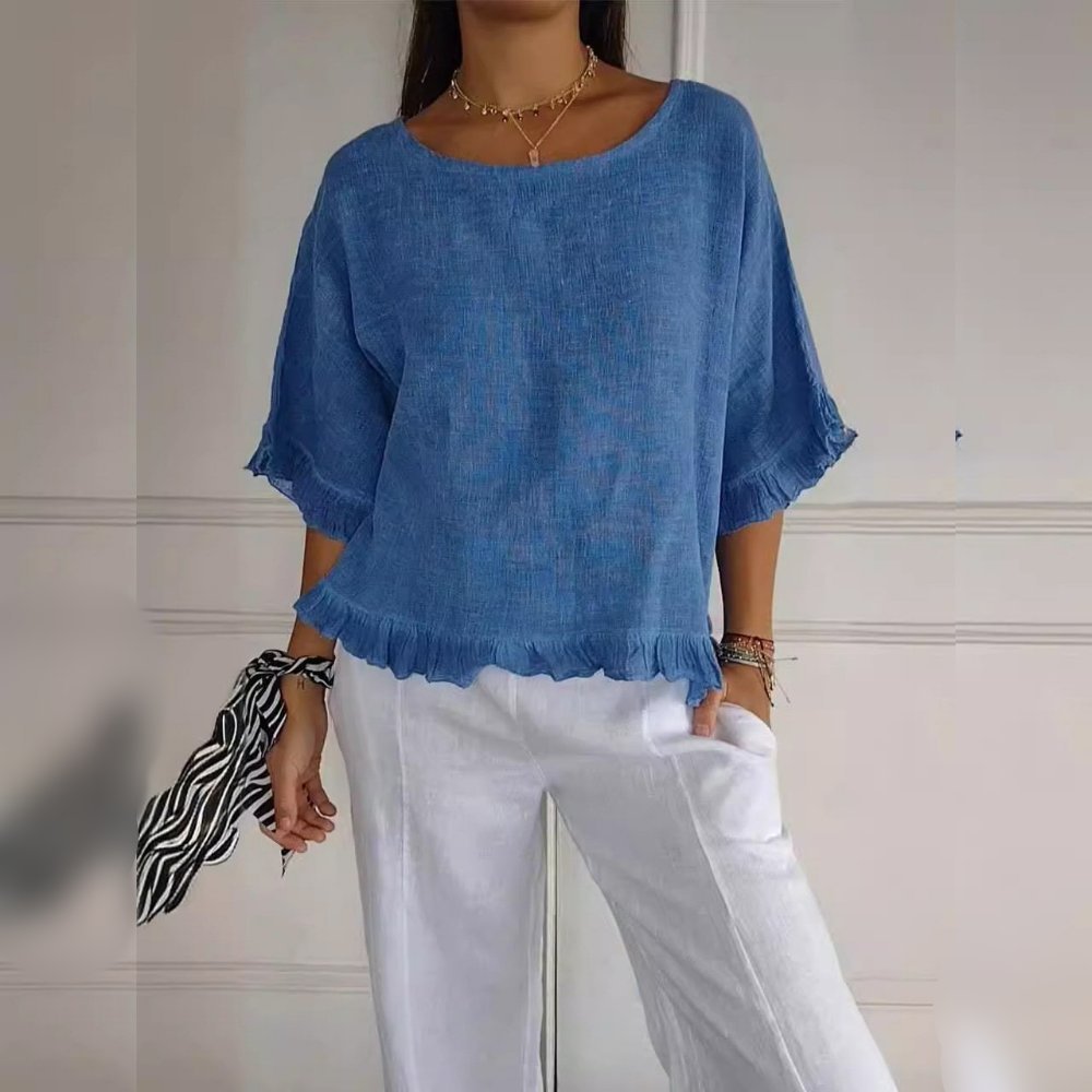 Women's Relaxed-Fit Ruffle-Hem Linen Blouse - Blue