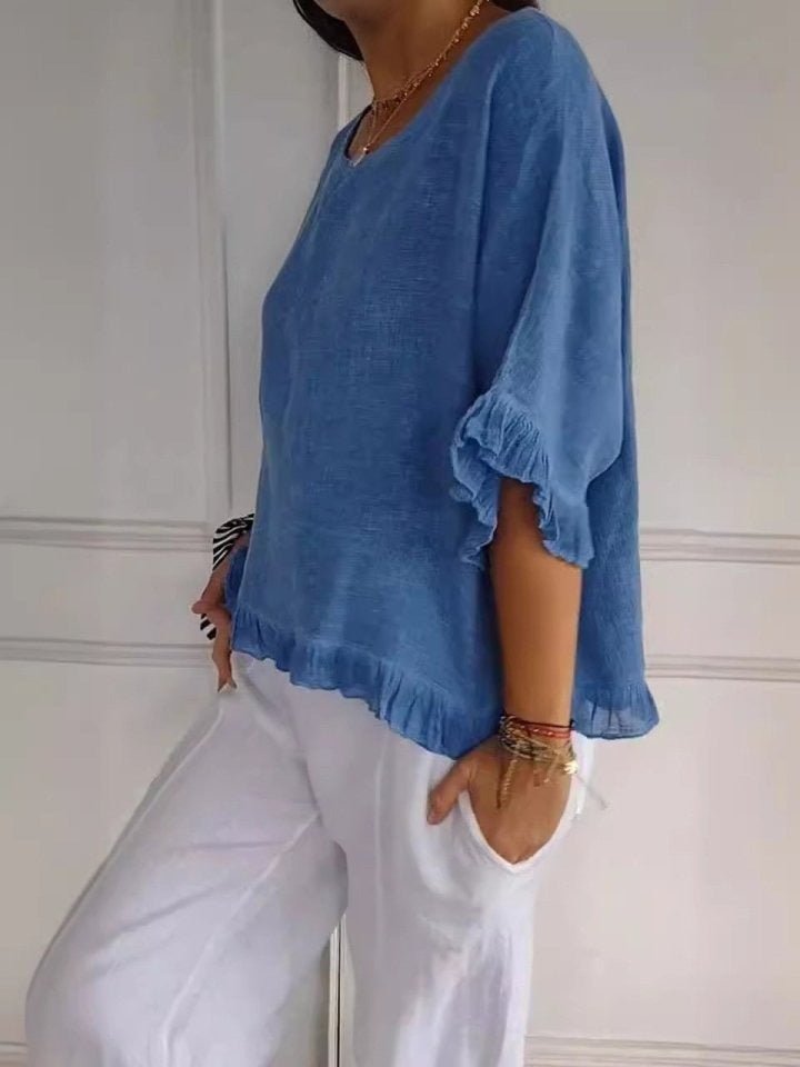 Women's Relaxed-Fit Ruffle-Hem Linen Blouse