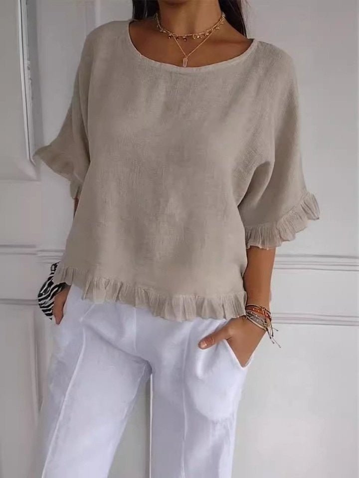 Women's Relaxed-Fit Ruffle-Hem Linen Blouse - Beige