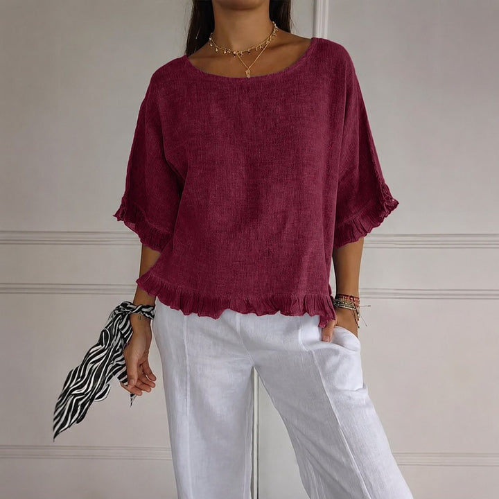 Women's Relaxed-Fit Ruffle-Hem Linen Blouse - Red