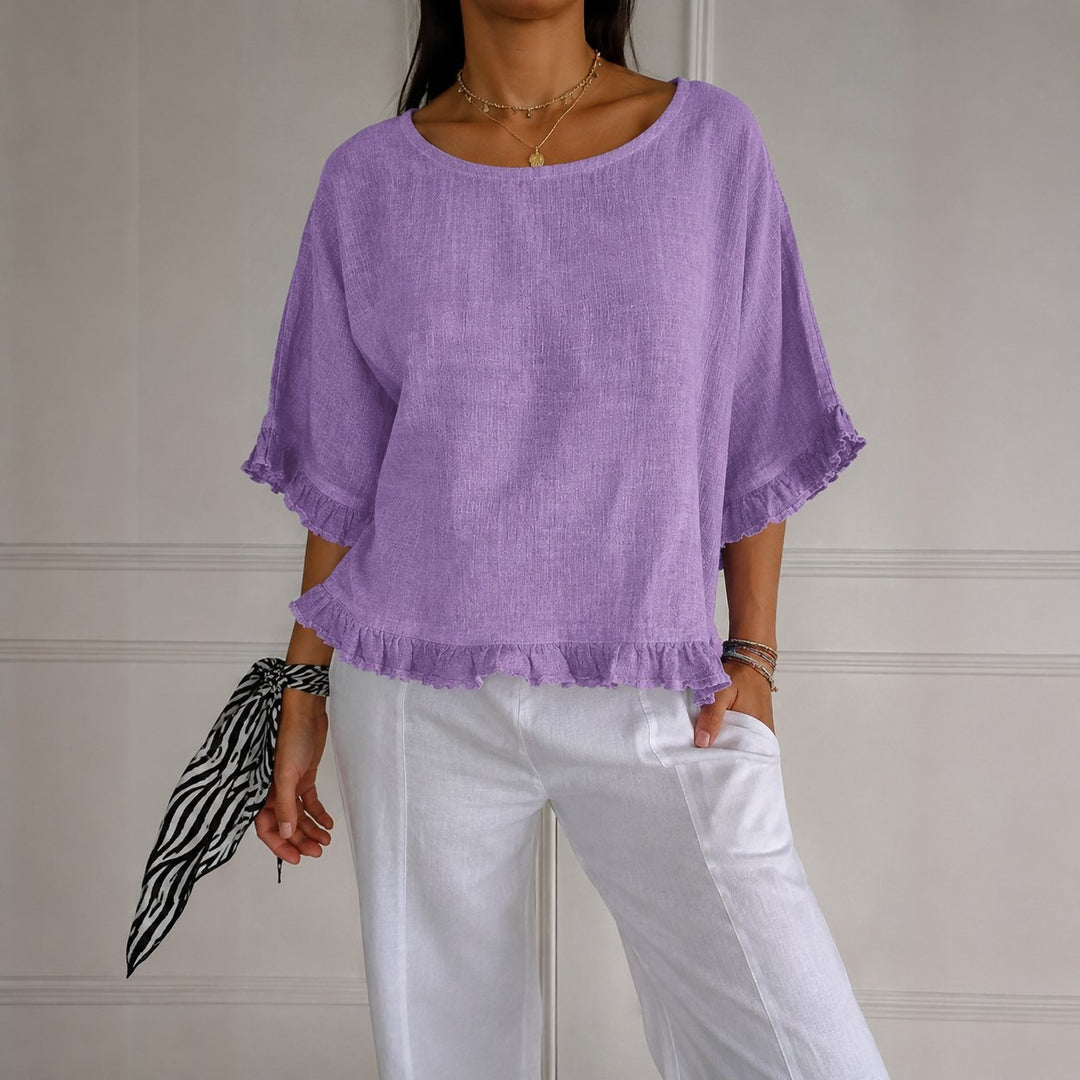 Women's Relaxed-Fit Ruffle-Hem Linen Blouse - Purple