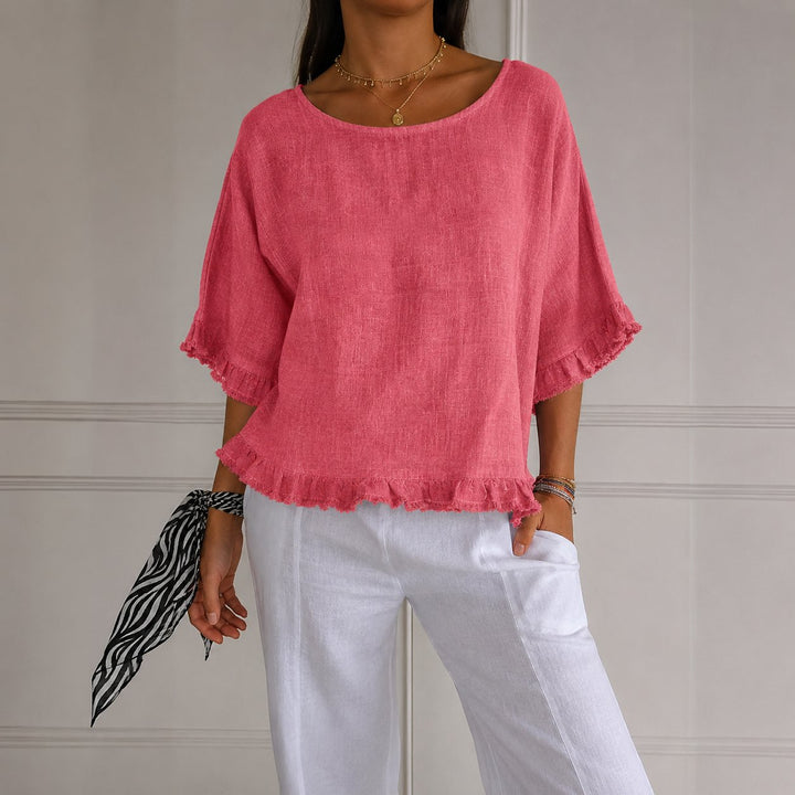 Women's Relaxed-Fit Ruffle-Hem Linen Blouse - Pink