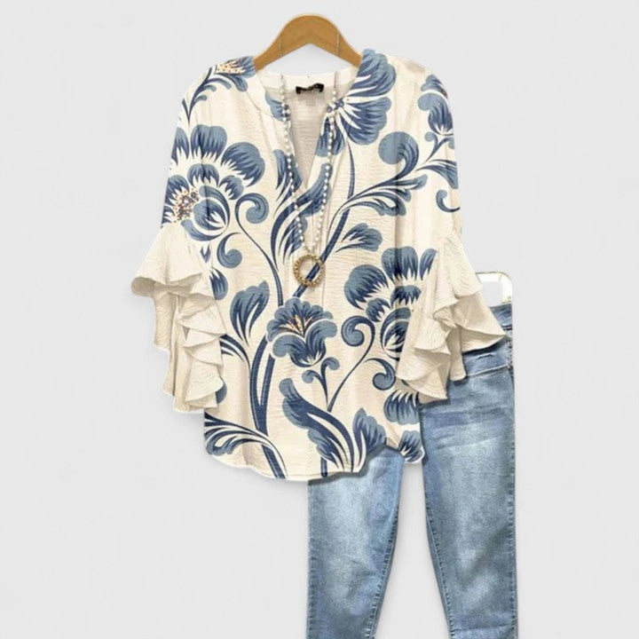 Women's Relaxed-Fit Ruffle-Sleeve Floral Print V-Neck Blouse - White Blue