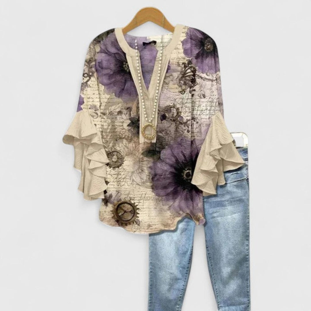 Women's Relaxed-Fit Ruffle-Sleeve Floral Print V-Neck Blouse - Beige
