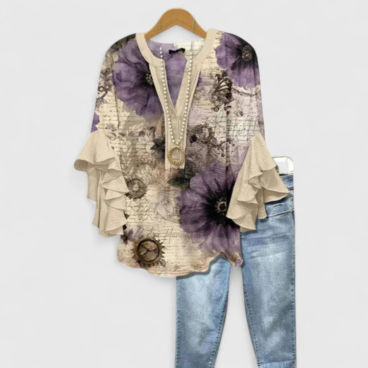 Women's Relaxed-Fit Ruffle-Sleeve Floral Print V-Neck Blouse - Beige
