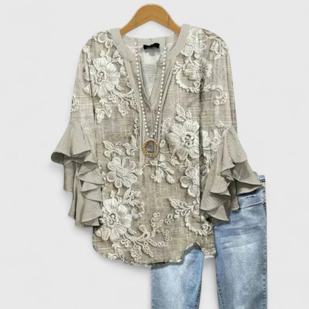 Women's Relaxed-Fit Ruffle-Sleeve Floral Print V-Neck Blouse - Light Brown