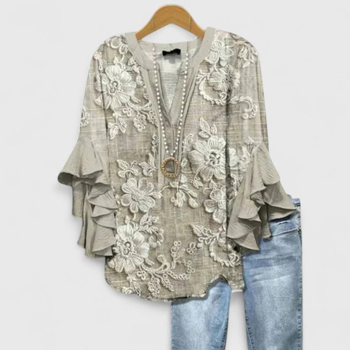 Women's Relaxed-Fit Ruffle-Sleeve Floral Print V-Neck Blouse - Light Brown