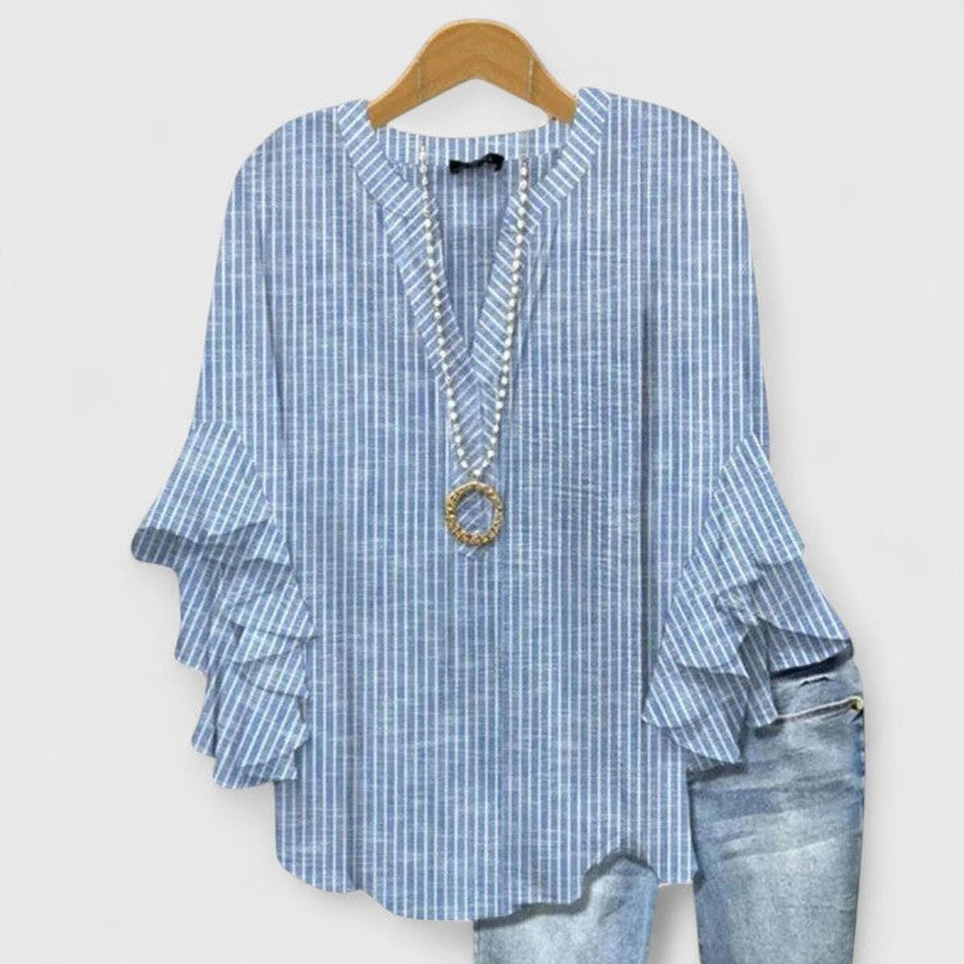 Women's Relaxed-Fit Ruffle-Sleeve Floral Print V-Neck Blouse - Blue