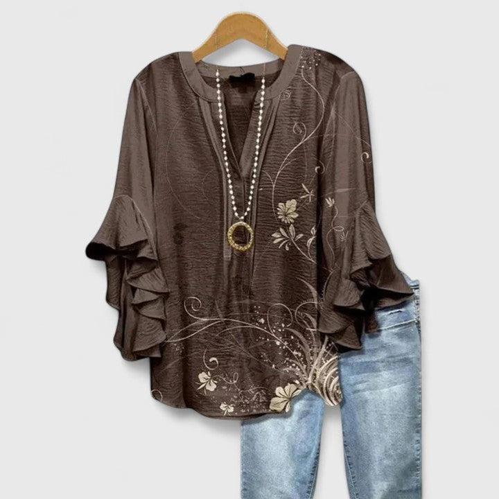 Women's Relaxed-Fit Ruffle-Sleeve Floral Print V-Neck Blouse - Brown