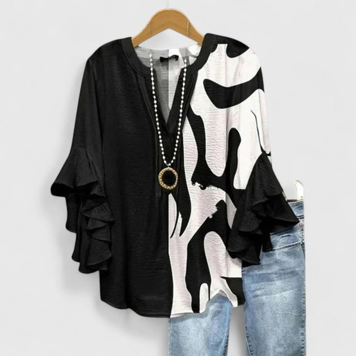 Women's Relaxed-Fit Ruffle-Sleeve Floral Print V-Neck Blouse - Black