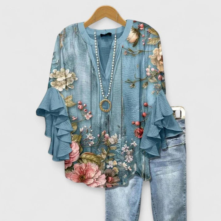 Women's Relaxed-Fit Ruffle-Sleeve Floral Print V-Neck Blouse - Floral Blue