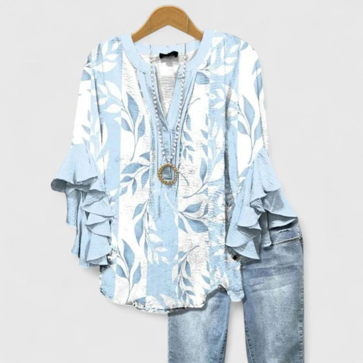 Women's Relaxed-Fit Ruffle-Sleeve Floral Print V-Neck Blouse - Light Blue