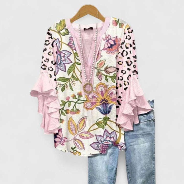 Women's Relaxed-Fit Ruffle-Sleeve Floral Print V-Neck Blouse - Pink