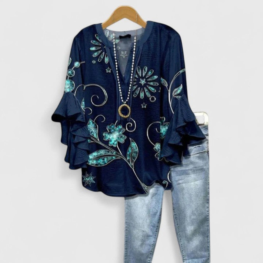 Women's Relaxed-Fit Ruffle-Sleeve Floral Print V-Neck Blouse - Dark Blue