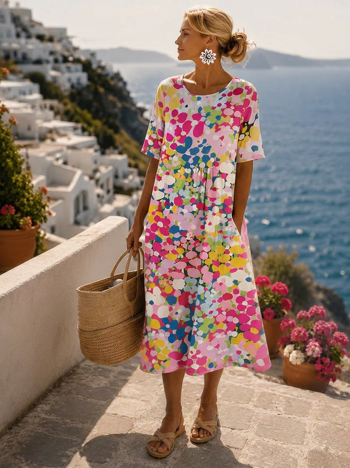 Women's Relaxed-Fit Short-Sleeve Floral Print Midi Dress - Pink