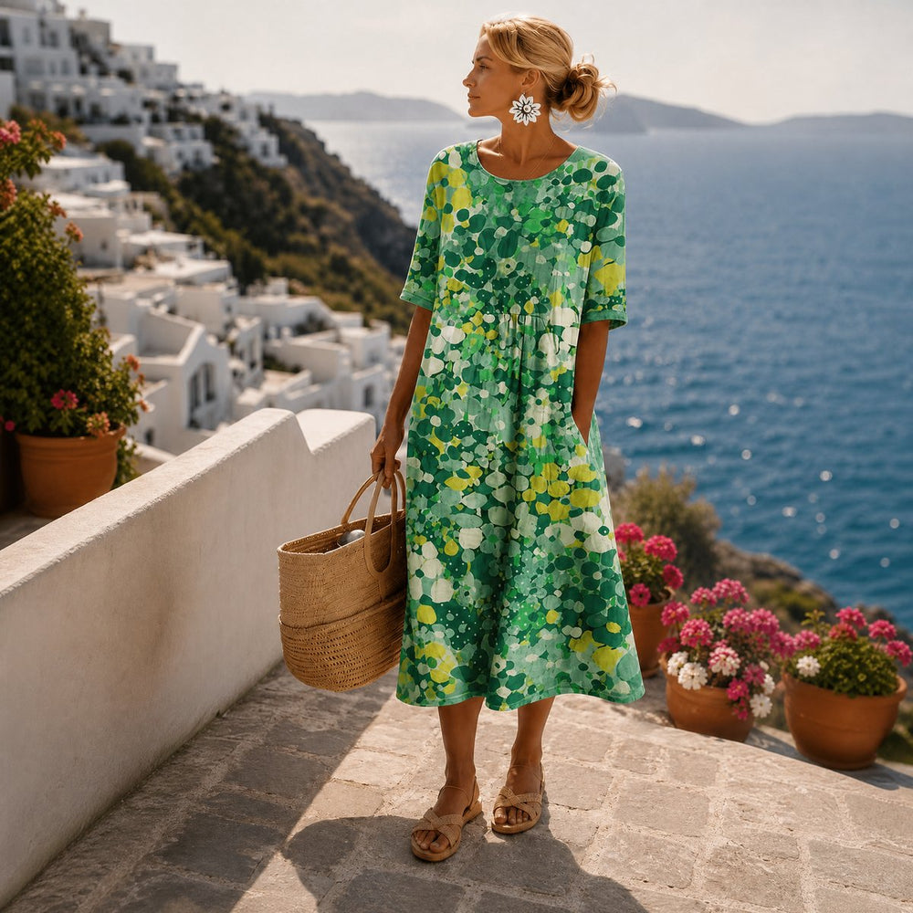 Women's Relaxed-Fit Short-Sleeve Floral Print Midi Dress - Green