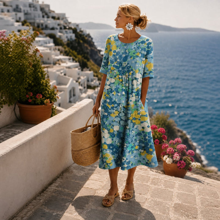 Women's Relaxed-Fit Short-Sleeve Floral Print Midi Dress - Blue