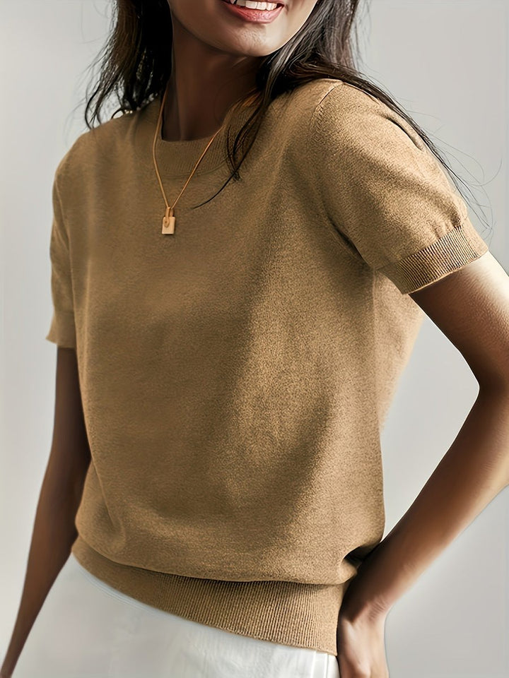 Women's Relaxed-Fit Short-Sleeve Knit Sweater Top - Earth Tan