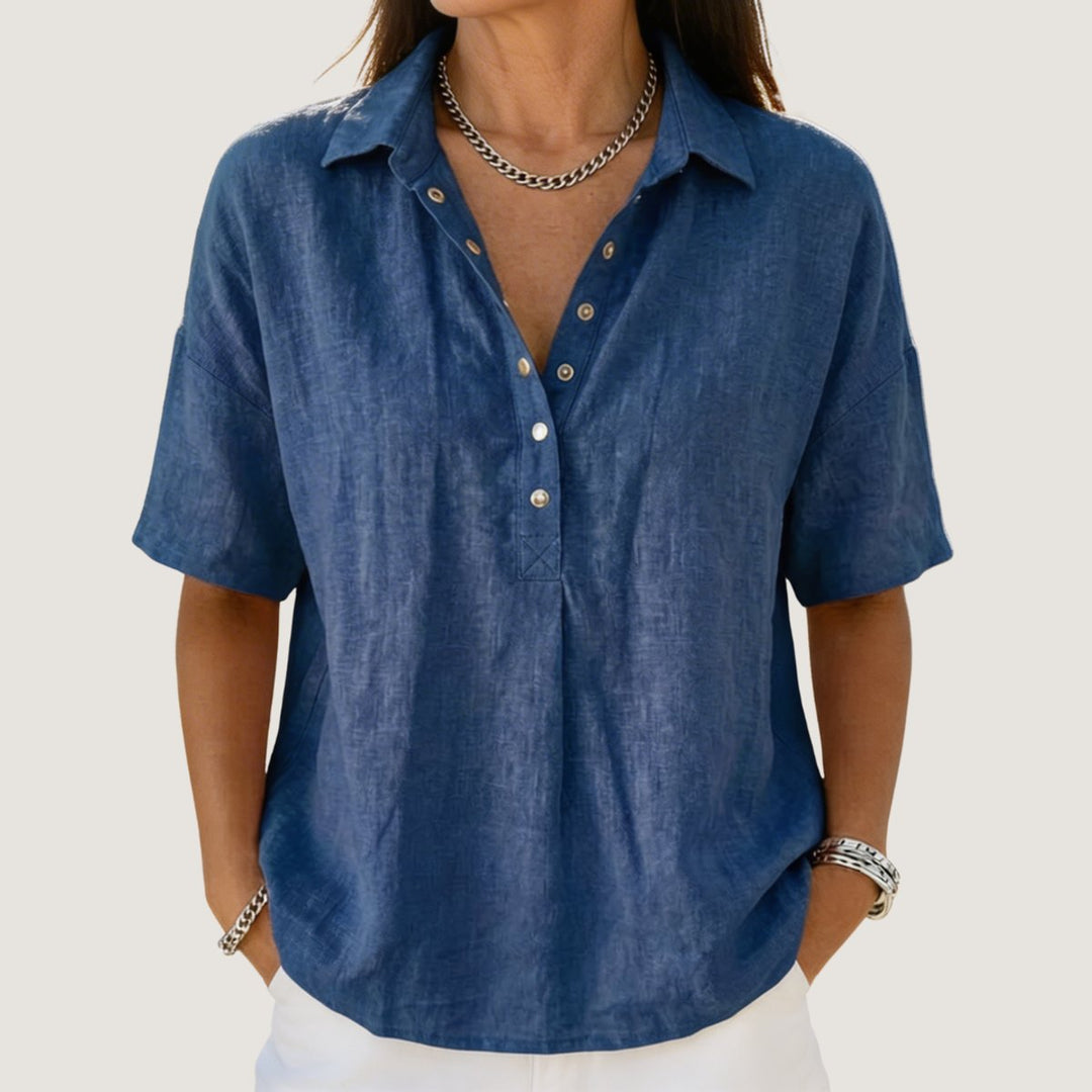 Women's Relaxed-Fit Snap-Button Collared Linen Pullover Top