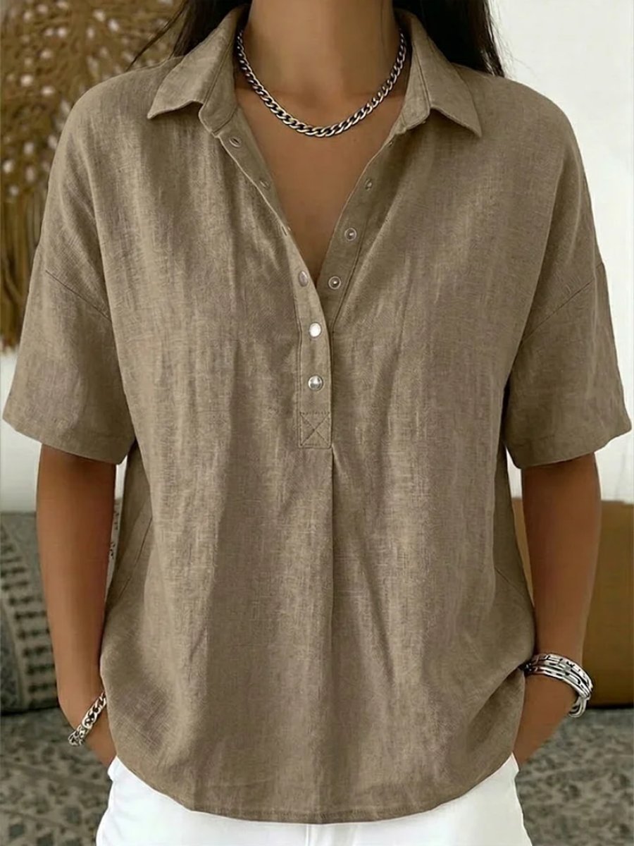 Women's Relaxed-Fit Snap-Button Collared Linen Pullover Top - Khaki
