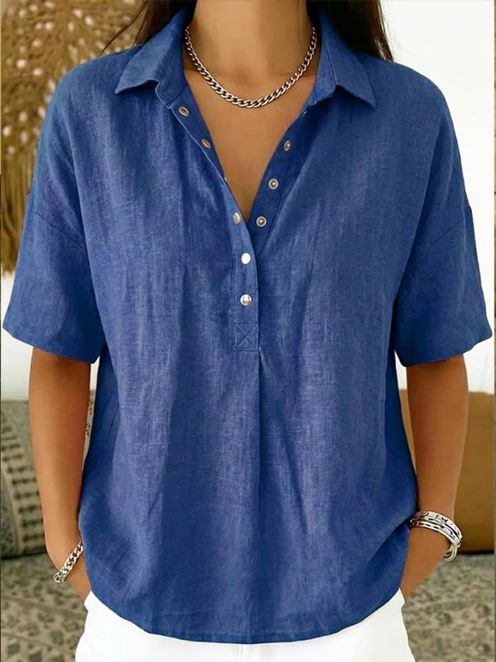 Women's Relaxed-Fit Snap-Button Collared Linen Pullover Top - Blue