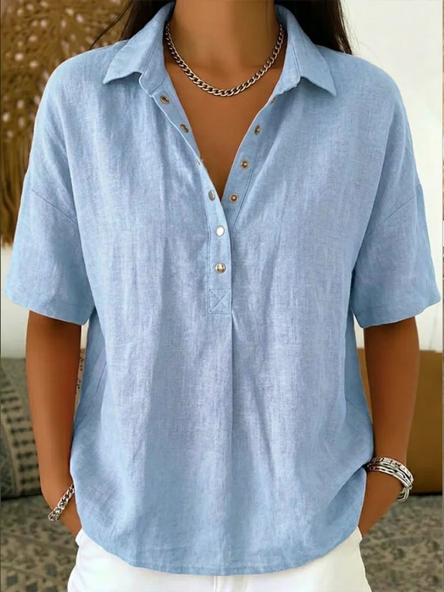 Women's Relaxed-Fit Snap-Button Collared Linen Pullover Top - Light Blue