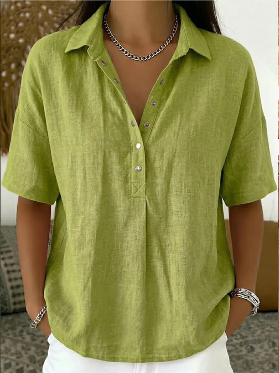 Women's Relaxed-Fit Snap-Button Collared Linen Pullover Top - Green