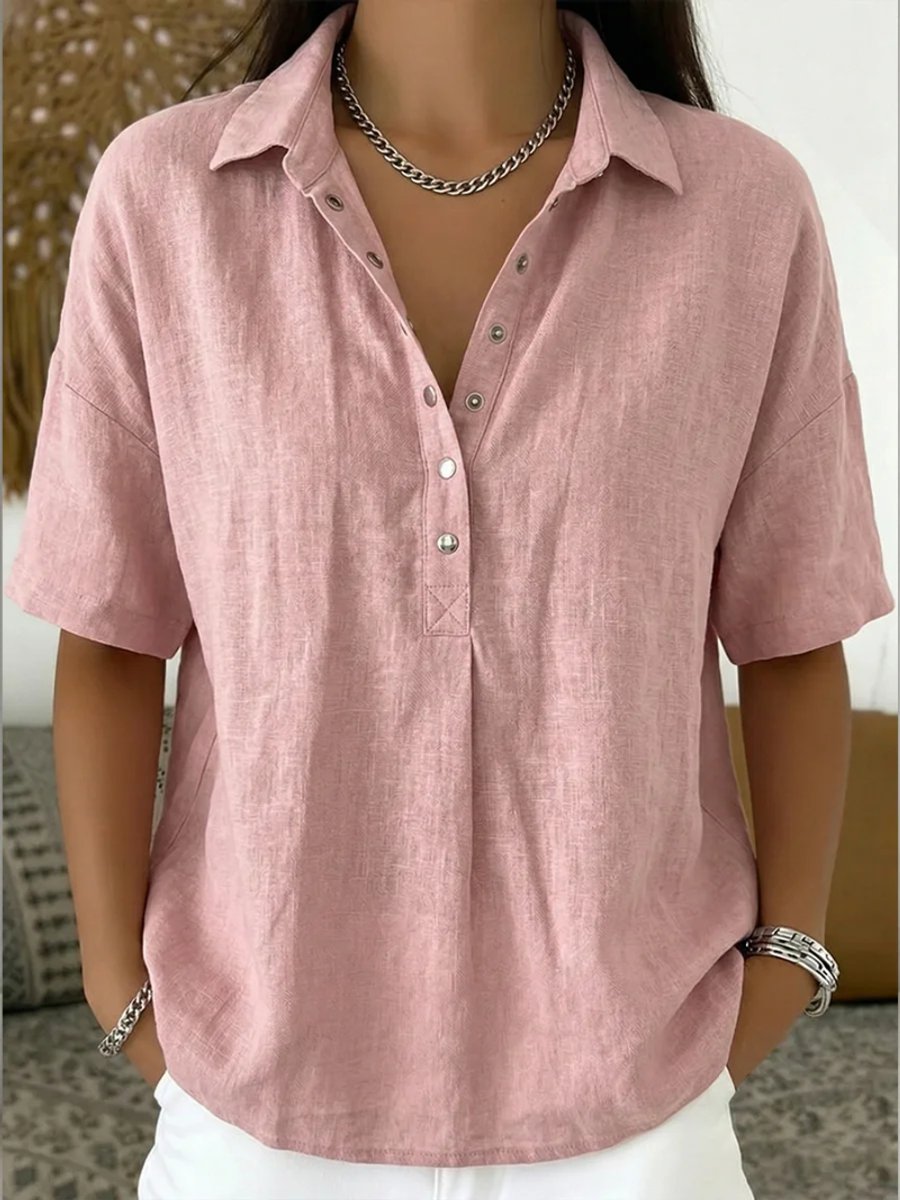 Women's Relaxed-Fit Snap-Button Collared Linen Pullover Top - Pink
