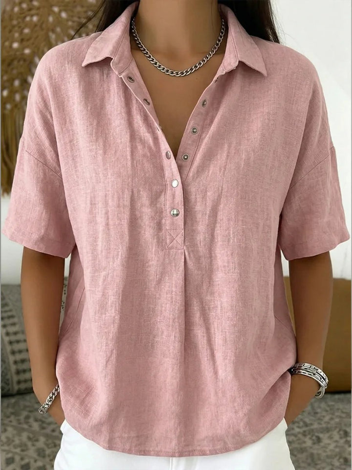 Women's Relaxed-Fit Snap-Button Collared Linen Pullover Top - Pink