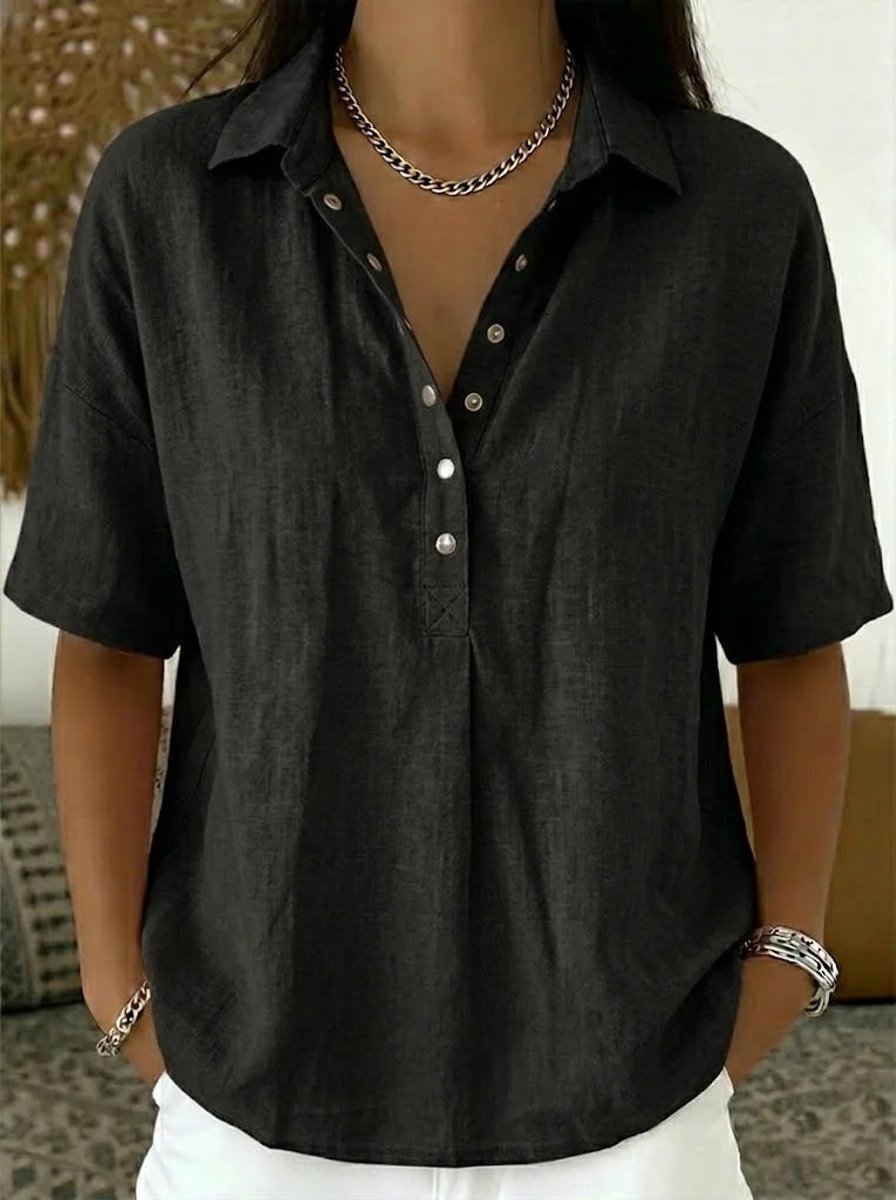 Women's Relaxed-Fit Snap-Button Collared Linen Pullover Top - Black