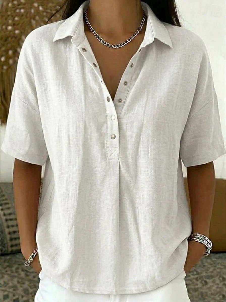 Women's Relaxed-Fit Snap-Button Collared Linen Pullover Top - White