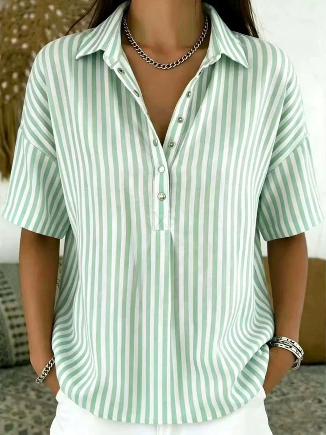 Women's Relaxed-Fit Striped Collared Half-Button Blouse - Light Green