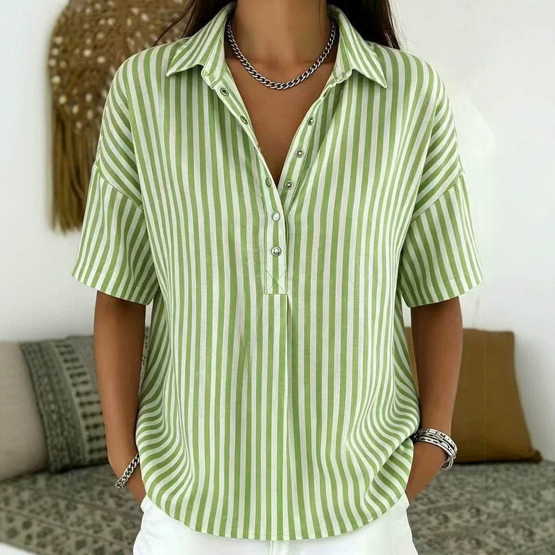 Women's Relaxed-Fit Striped Collared Half-Button Blouse - Dark Green