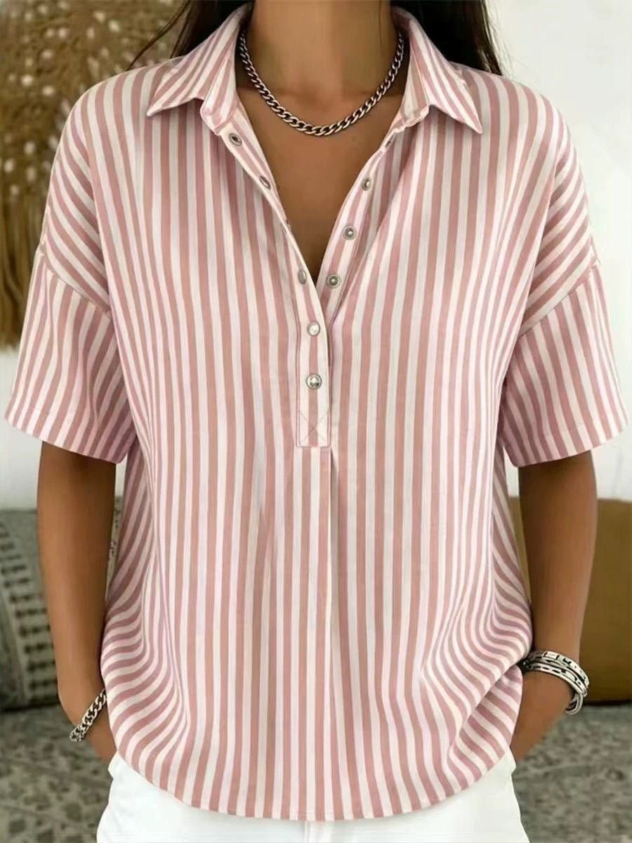 Women's Relaxed-Fit Striped Collared Half-Button Blouse - Pink