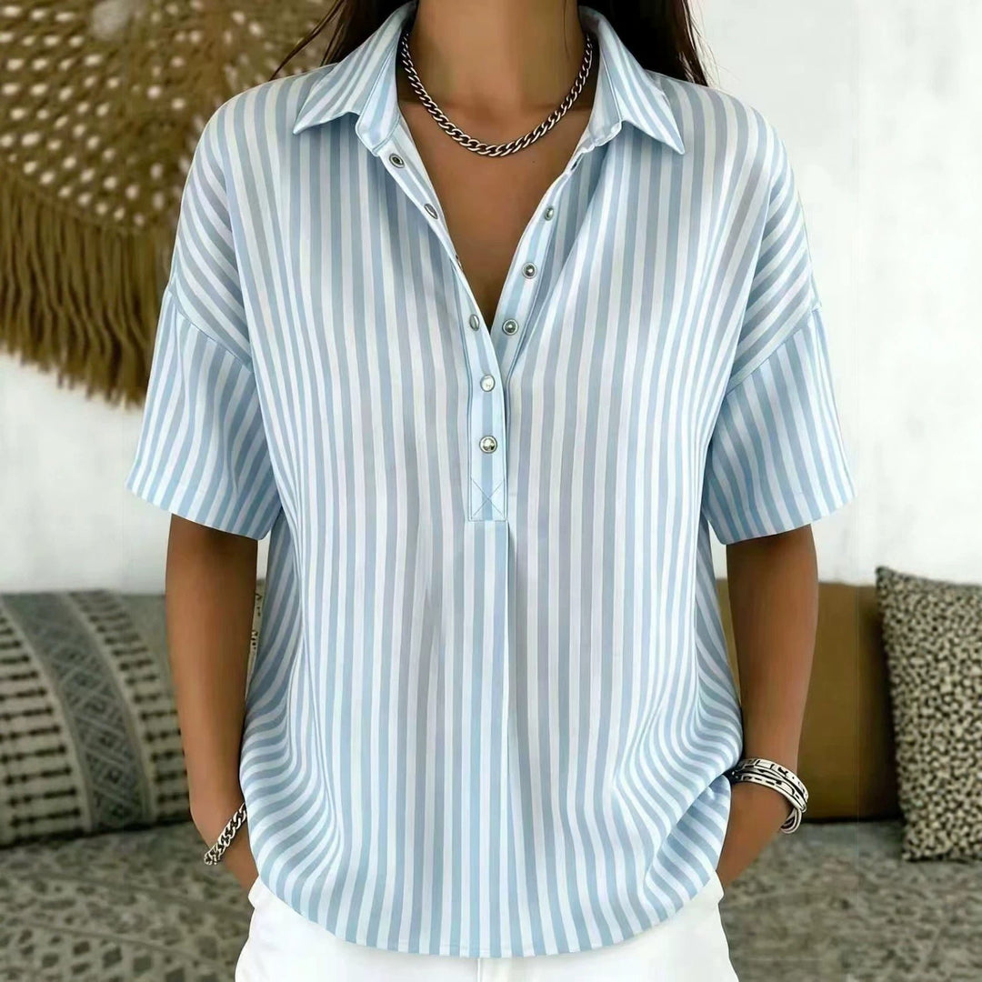 Women's Relaxed-Fit Striped Collared Half-Button Blouse - Blue