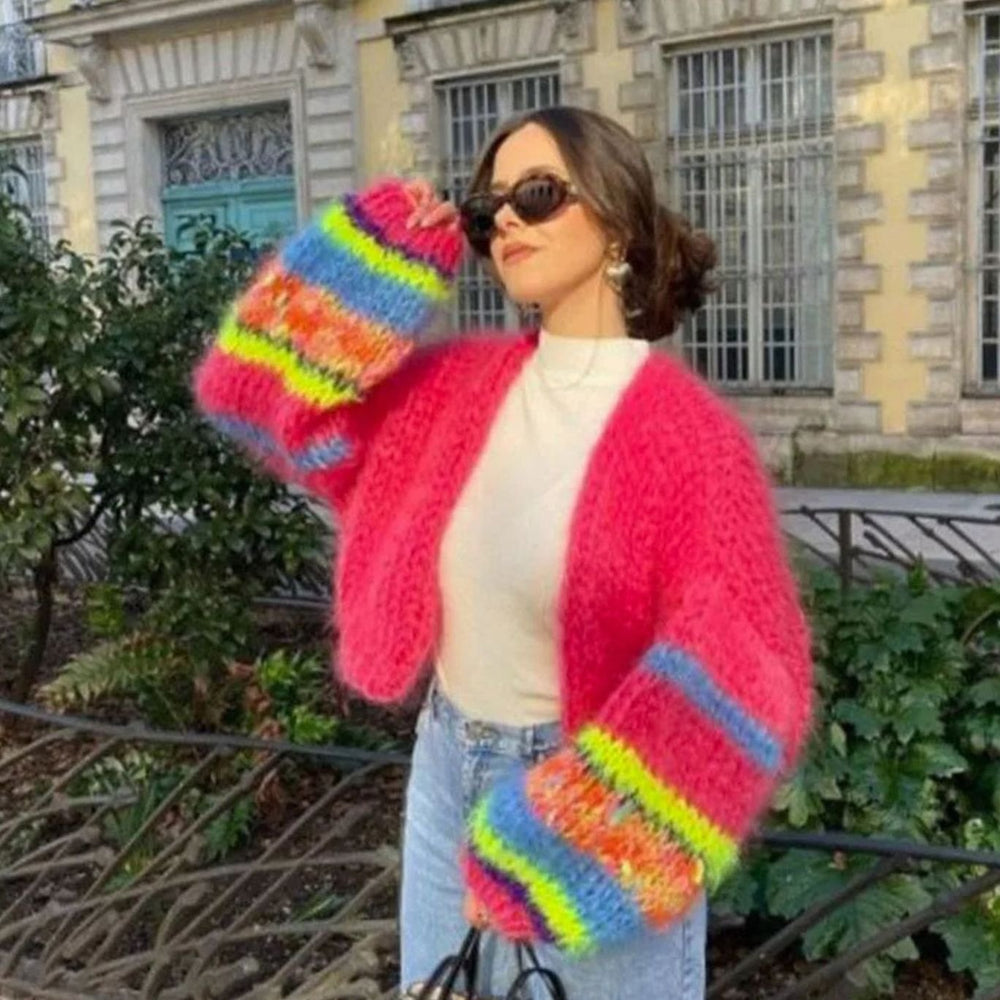 Women's Relaxed-Fit Striped Knitted Cardigan Oversized Sweater - Red