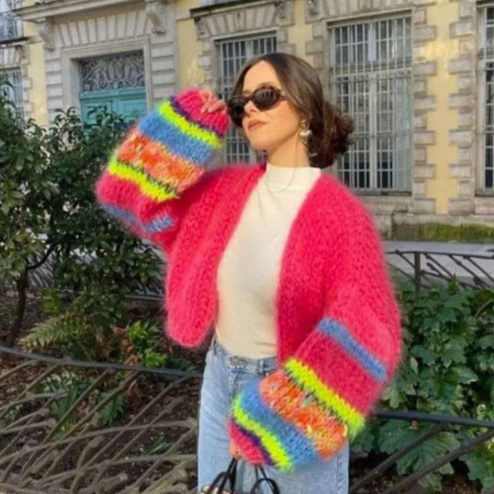 Women's Relaxed-Fit Striped Knitted Cardigan Oversized Sweater - Red
