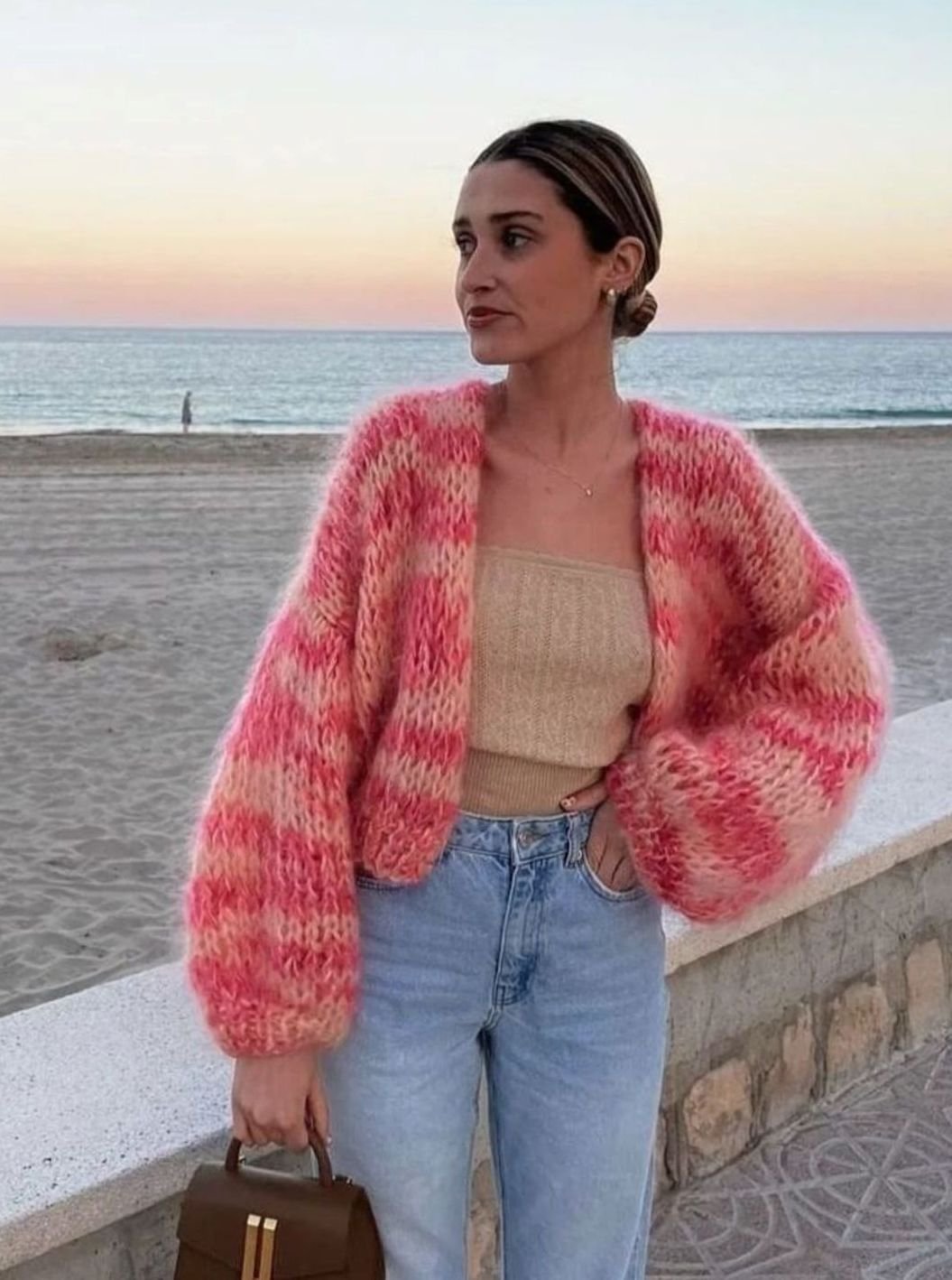 Women's Relaxed-Fit Striped Knitted Cardigan Oversized Sweater - Pink