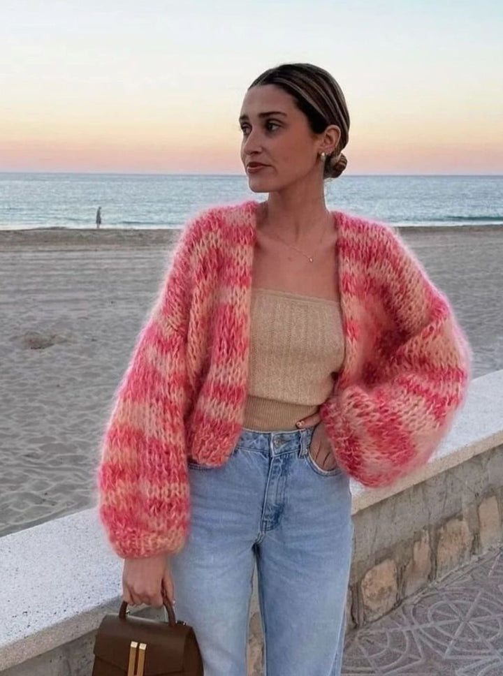 Women's Relaxed-Fit Striped Knitted Cardigan Oversized Sweater - Pink