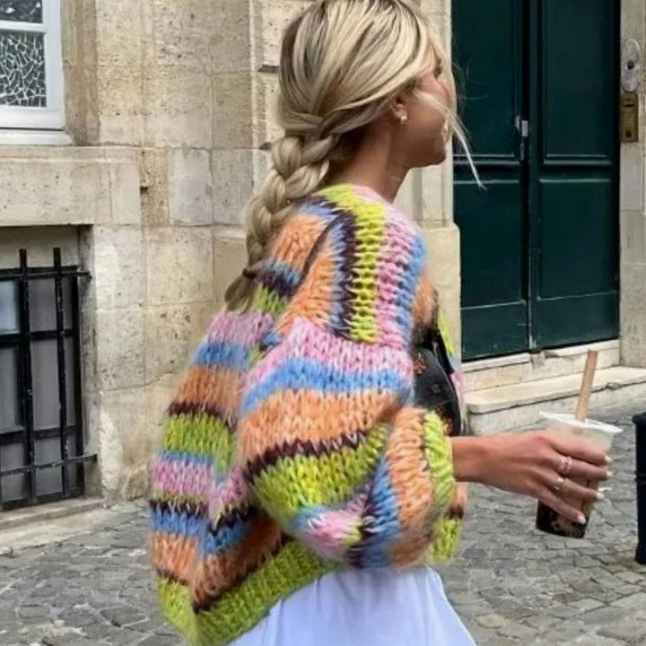 Women's Relaxed-Fit Striped Knitted Cardigan Oversized Sweater - Green