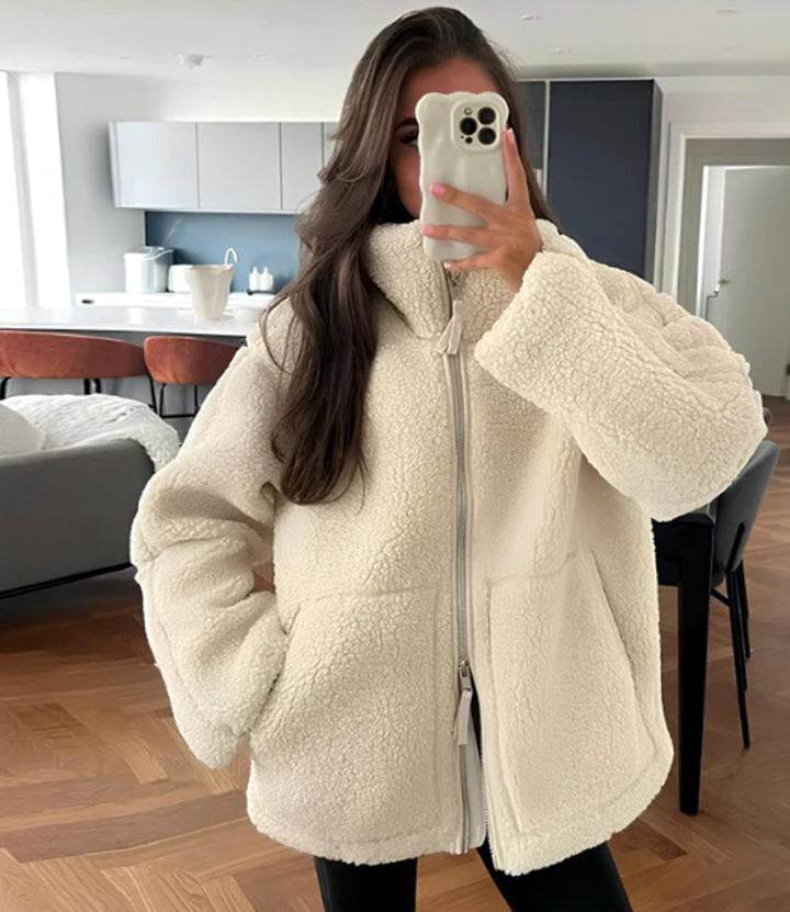 Women's Relaxed-Fit Teddy Zip-Up Jacket High Neck Fleece - White