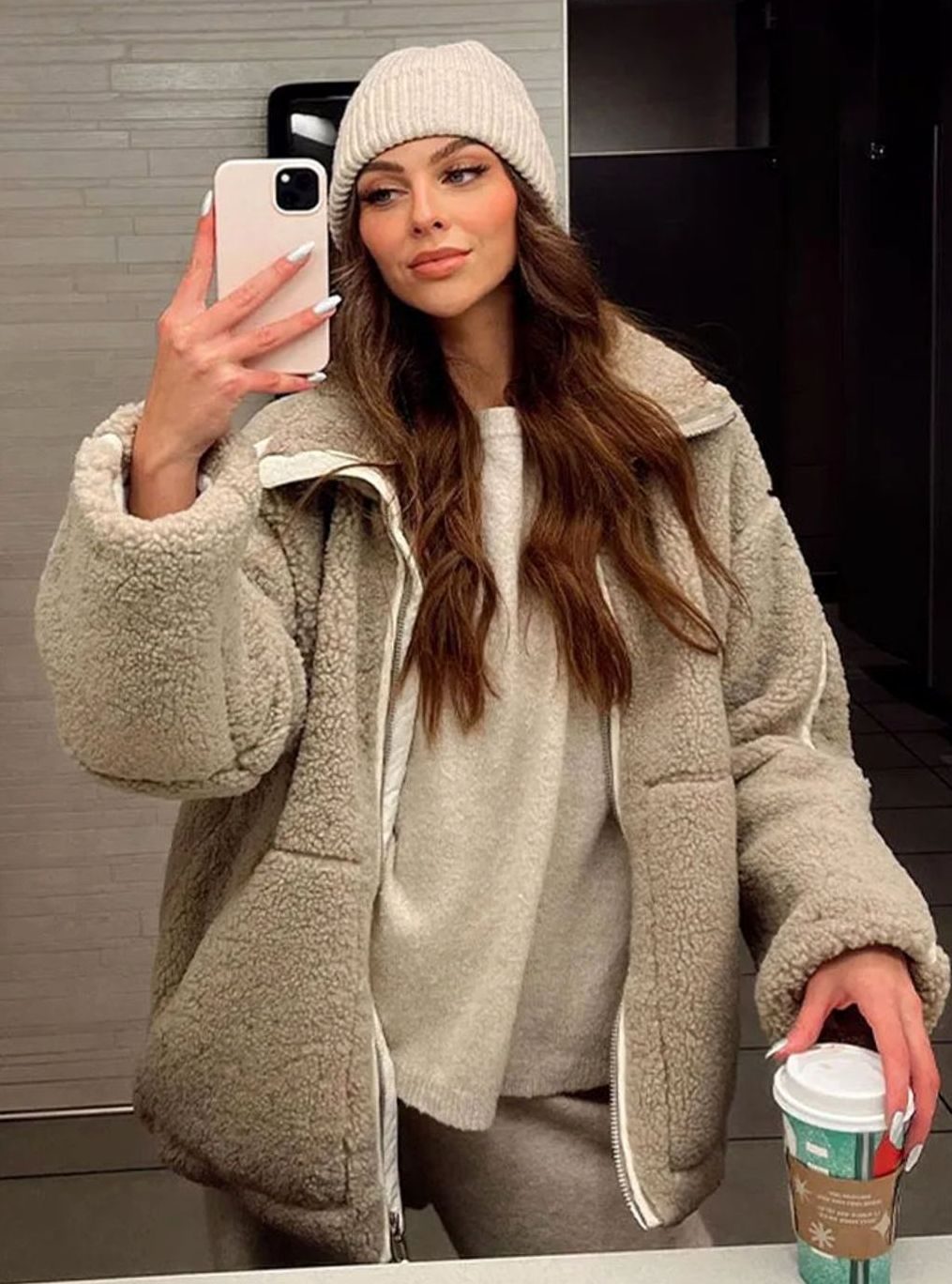 Women's Relaxed-Fit Teddy Zip-Up Jacket High Neck Fleece - Beige