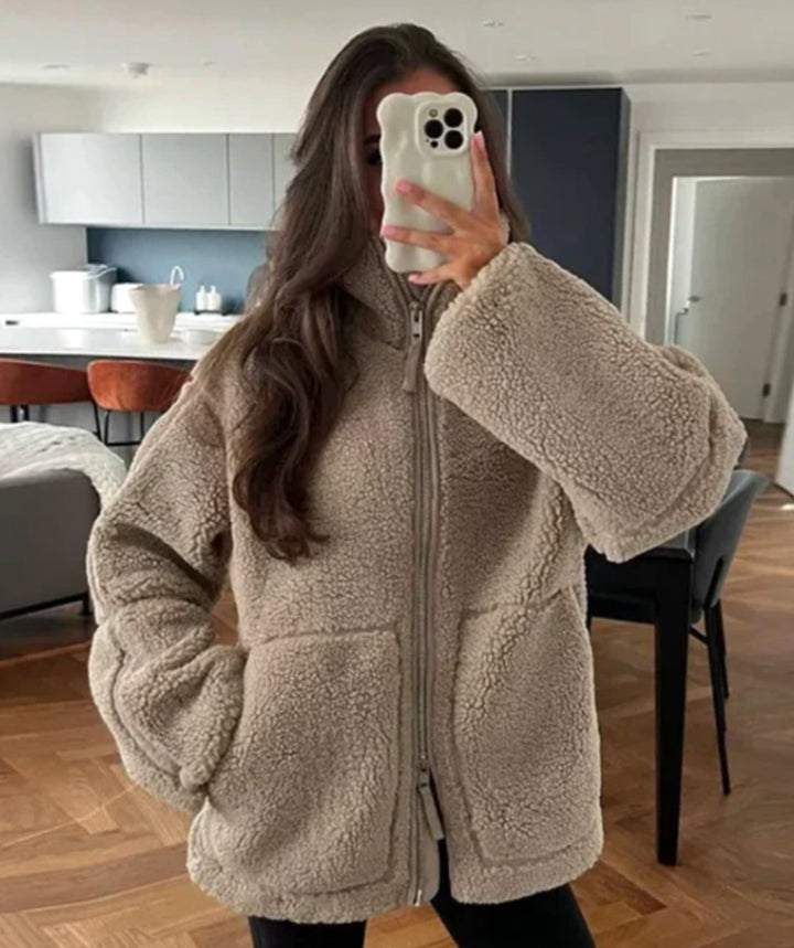 Women's Relaxed-Fit Teddy Zip-Up Jacket High Neck Fleece - Bronze
