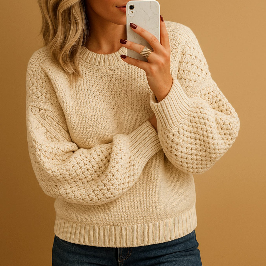 Women's Relaxed-Fit Textured Crewneck Knit Sweater - Beige