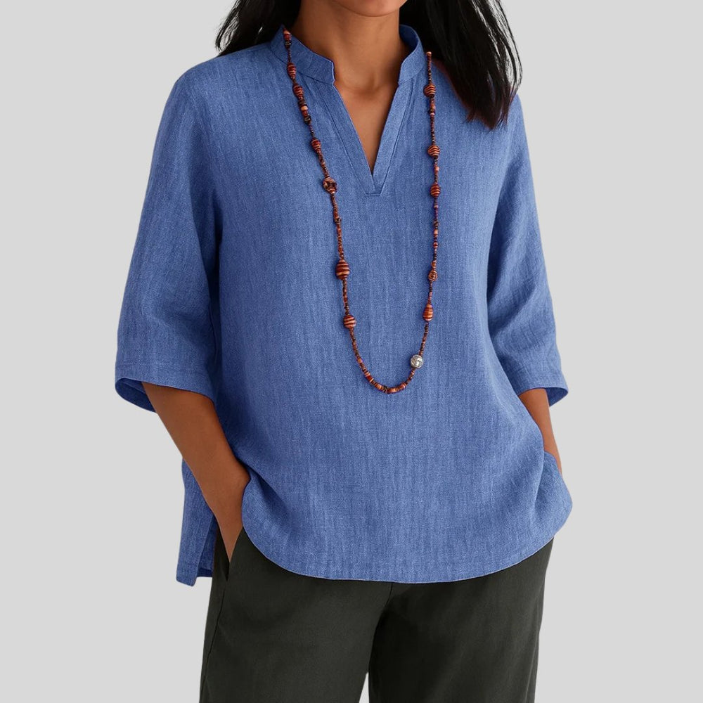 Women's Relaxed-Fit V-Neck 3/4 Sleeve Linen Tunic - Blue