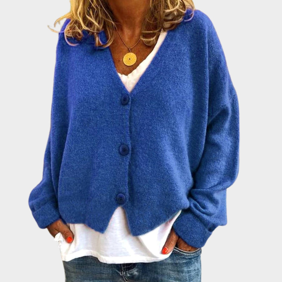 Women's Relaxed-Fit V-Neck Button-Up Knit Cardigan - Blue