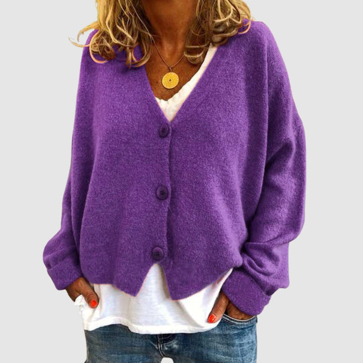 Women's Relaxed-Fit V-Neck Button-Up Knit Cardigan - Purple